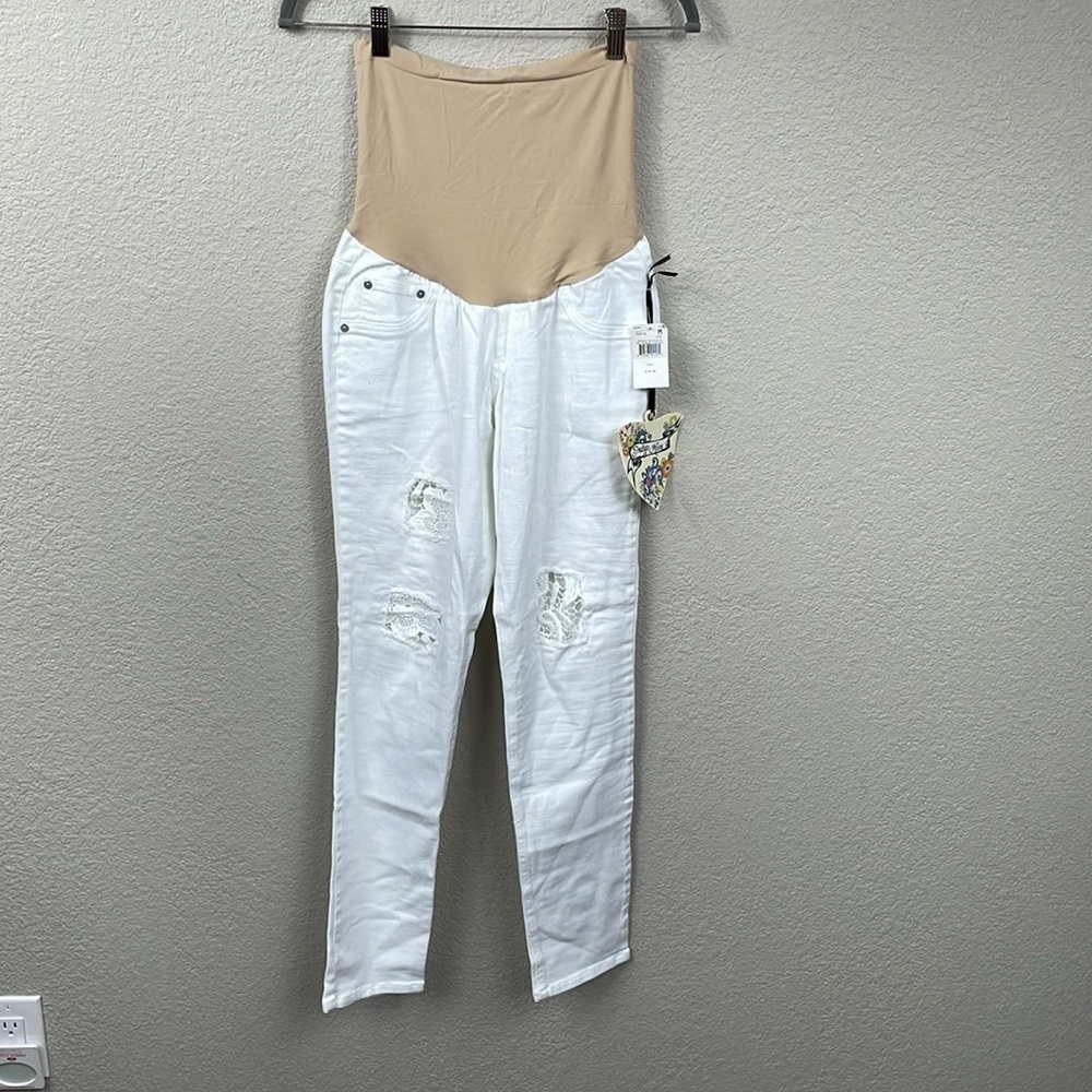 NWT Indigo Rein Stretch Maternity Jeans Floral Guipure Lace Insert Distressed M
